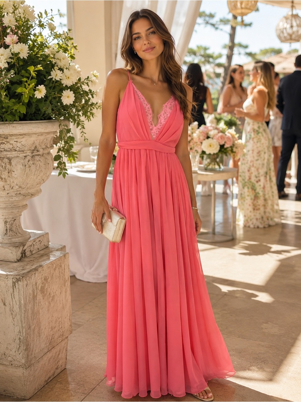 Michael Costello Coral Pink Lace-Trim Maxi Dress